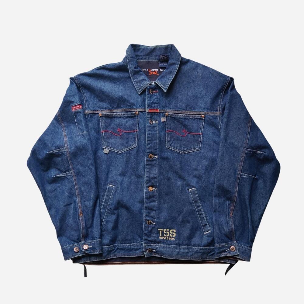y2k Triple Five Soul denim jacket in blue and red